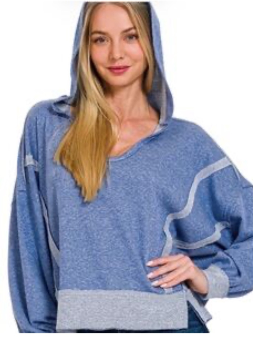 NWT Zenana Heathered Blue Hooded Raglan Sweatshirt with Contrast Trim - Picture 1 of 4